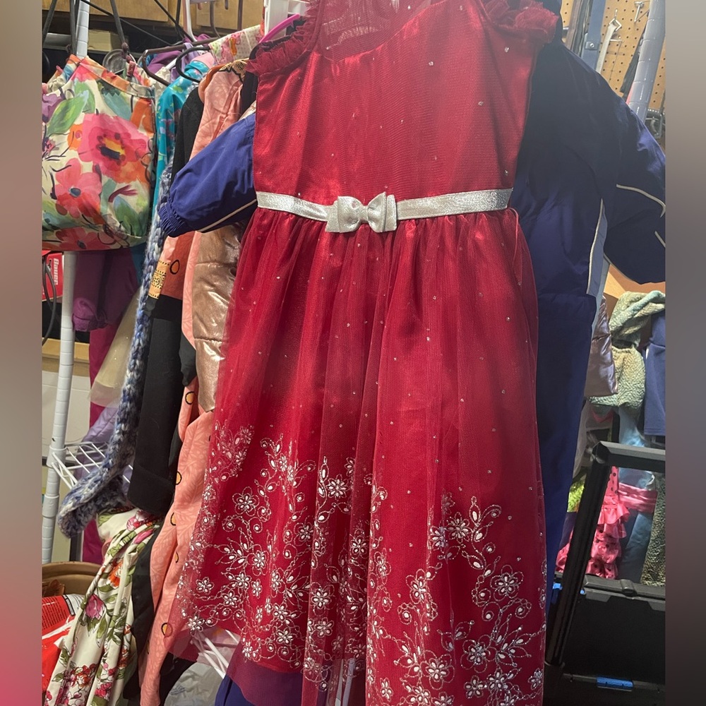 Jona Michelle Red Tulle Floral Embellished Girl's Formal Dress with Silver Belt